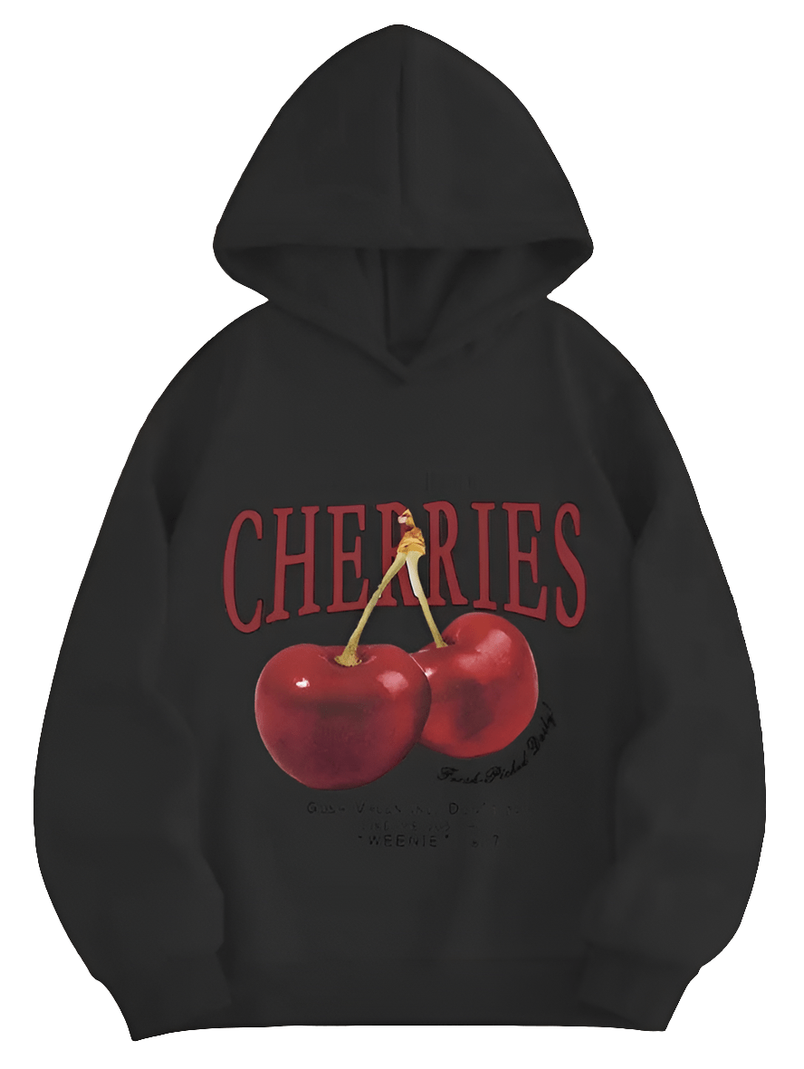 Cherry Print Hoodie, Casual Long Sleeve Hoodies Sweatshirt, Women's Clothing - FashionTech