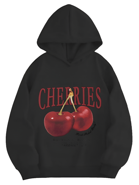 Cherry Print Hoodie, Casual Long Sleeve Hoodies Sweatshirt, Women's Clothing - FashionTech