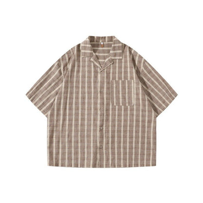 Color blocking checkered Cuban collar patch pocket loose short sleeved shirt for men - FashionTech