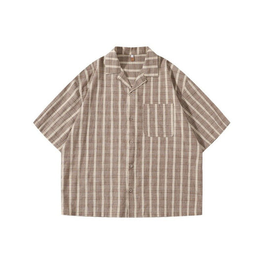 Color blocking checkered Cuban collar patch pocket loose short sleeved shirt for men - FashionTech