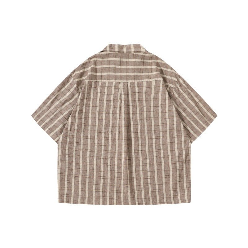 Color blocking checkered Cuban collar patch pocket loose short sleeved shirt for men - FashionTech