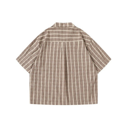 Color blocking checkered Cuban collar patch pocket loose short sleeved shirt for men - FashionTech
