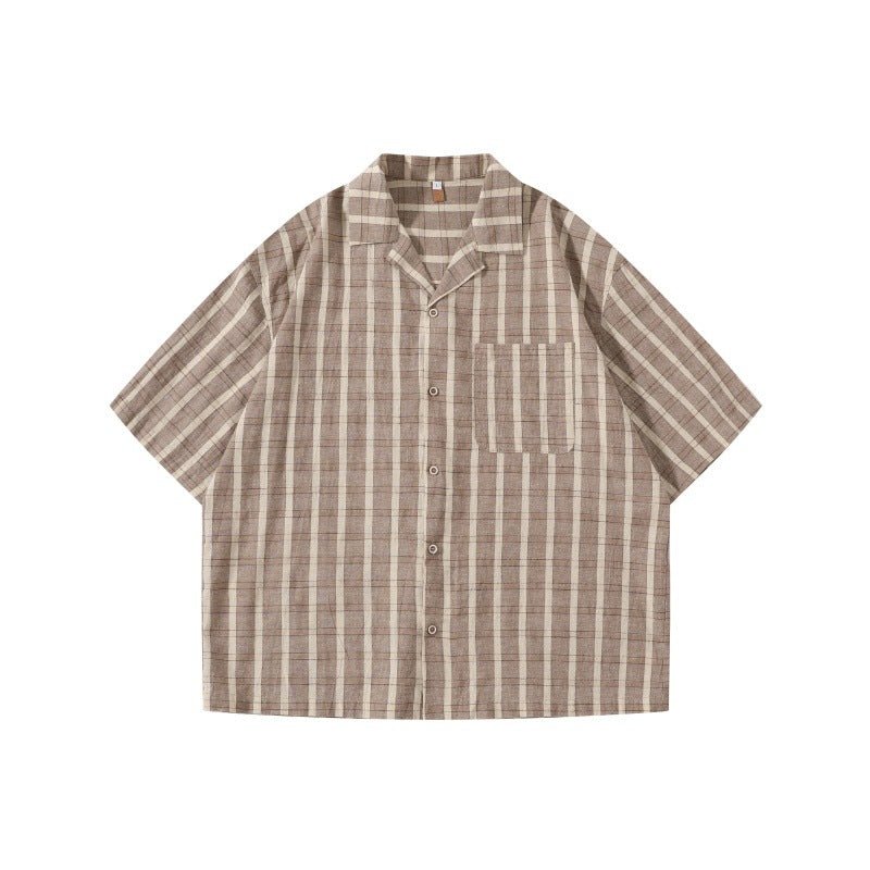 Color blocking checkered Cuban collar patch pocket loose short sleeved shirt for men - FashionTech