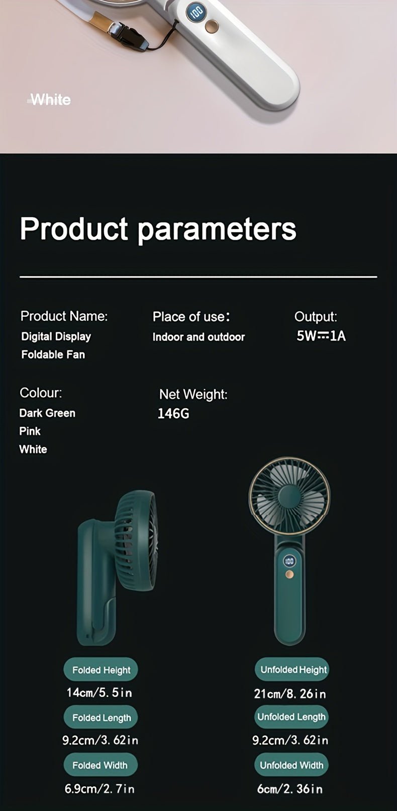 Compact Personal Fan - 5 Speed Settings, Quiet Brushless Motor, Rechargeable 2000mAh Power Bank, Foldable, Portable, Long - Lasting, Small, and Lightweight for Outdoor or Indoor Use - FashionTech