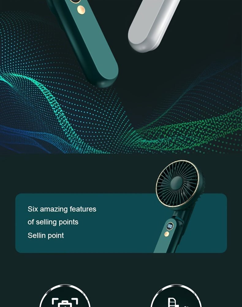 Compact Personal Fan - 5 Speed Settings, Quiet Brushless Motor, Rechargeable 2000mAh Power Bank, Foldable, Portable, Long - Lasting, Small, and Lightweight for Outdoor or Indoor Use - FashionTech