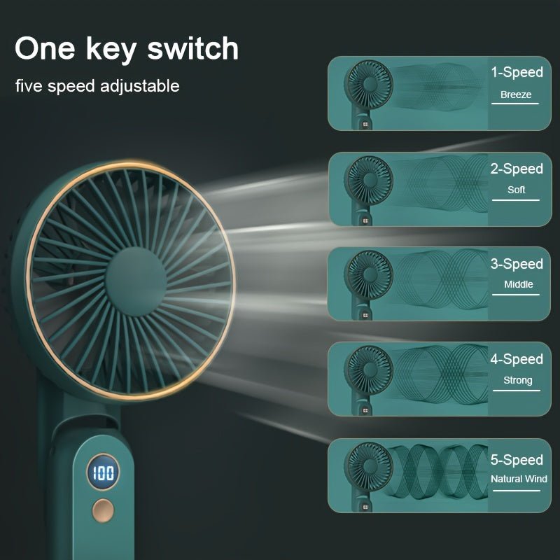 Compact Personal Fan - 5 Speed Settings, Quiet Brushless Motor, Rechargeable 2000mAh Power Bank, Foldable, Portable, Long - Lasting, Small, and Lightweight for Outdoor or Indoor Use - FashionTech