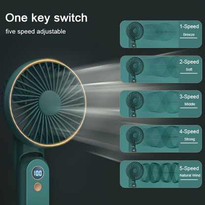 Compact Personal Fan - 5 Speed Settings, Quiet Brushless Motor, Rechargeable 2000mAh Power Bank, Foldable, Portable, Long - Lasting, Small, and Lightweight for Outdoor or Indoor Use - FashionTech