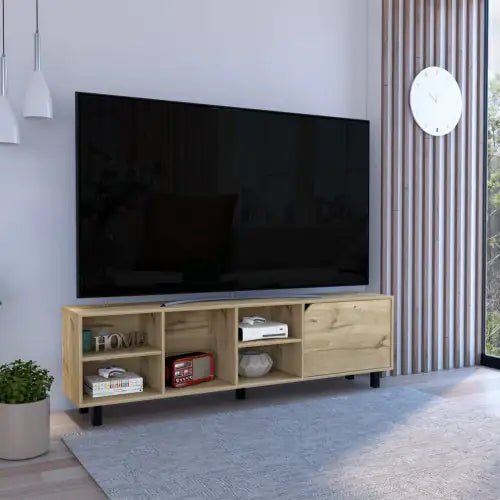 Conquest TV Stand For TV S , Four Open Shelves, Five Legs, Light Oak - Tech Tready