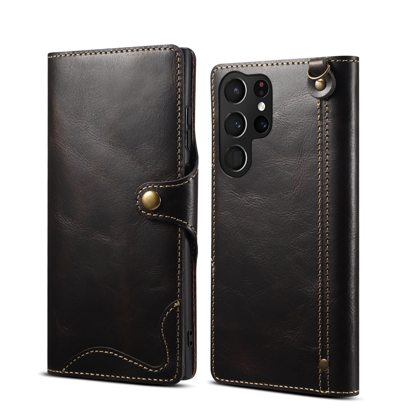 Samsung S22 Retro Leather Leather Case S24Ultra Phone Case Flip Cover S10+Card Insertion Leather Case Comes with Hand Rope