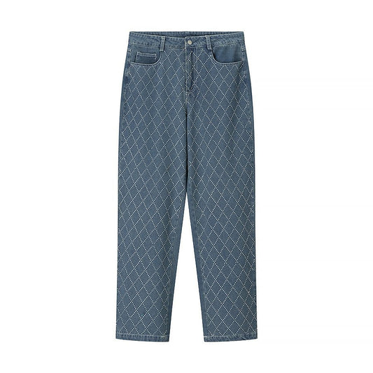 Diamond grid straight leg split jeans for women - FashionTech