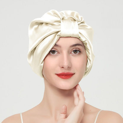 Double layer elastic simulation silk beauty makeup satin knotted hair care home French nightcap - FashionTech