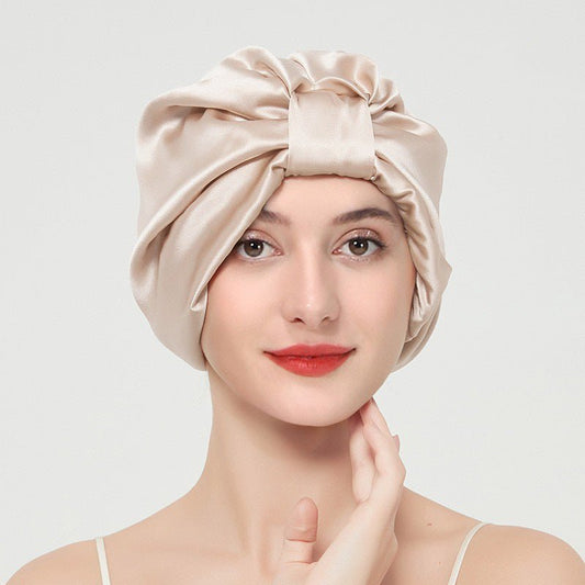 Double layer elastic simulation silk beauty makeup satin knotted hair care home French nightcap - FashionTech