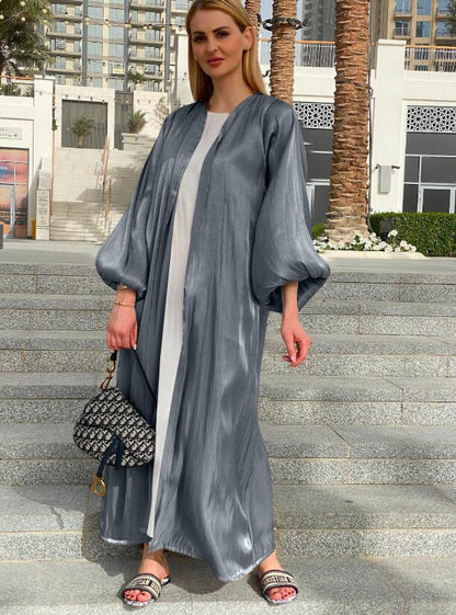 Eid Muslim Abaya Dress Kimono For Women Fashion Shining Silklike Summer Abayas Cardigan Puff Sleeve Dubai Turkey Clothes - Tech Tready