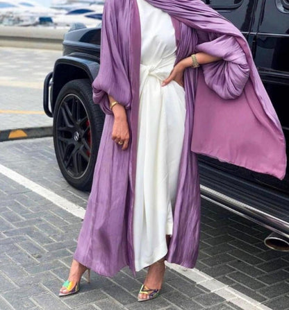Eid Muslim Abaya Dress Kimono For Women Fashion Shining Silklike Summer Abayas Cardigan Puff Sleeve Dubai Turkey Clothes - Tech Tready