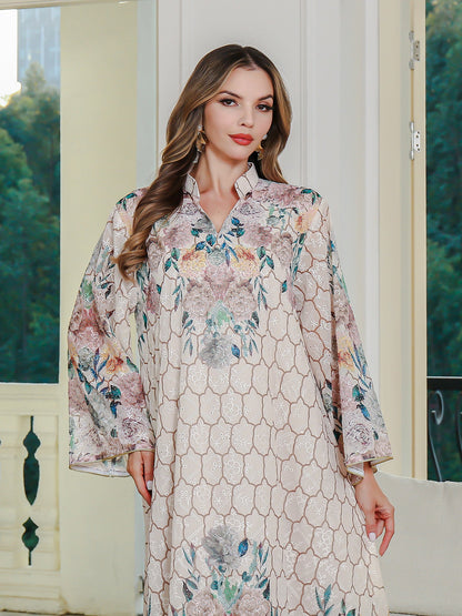 Elegant Embroidered Printed Muslim Long Dress Women's Clothing - FashionTech