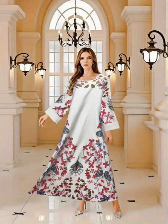 Elegant Floral Print Long Sleeve Abaya Dress - Tech Tready