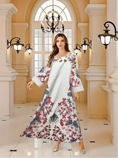 Elegant Floral Print Long Sleeve Abaya Dress - Tech Tready