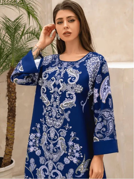 Elegant Floral Print Long Sleeve Abaya Dress - Tech Tready
