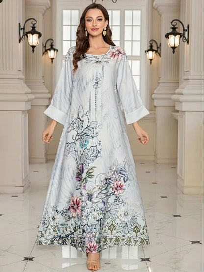 Elegant Floral Print Long Sleeve Abaya Dress - Tech Tready