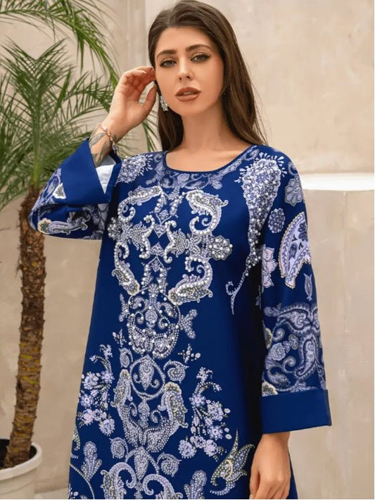 Elegant Floral Print Long Sleeve Abaya Dress - Tech Tready