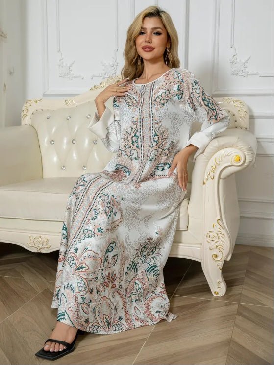 Elegant Floral Print Long Sleeve Abaya Dress - Tech Tready