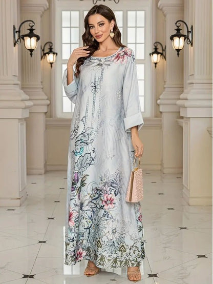 Elegant Floral Print Long Sleeve Abaya Dress - Tech Tready