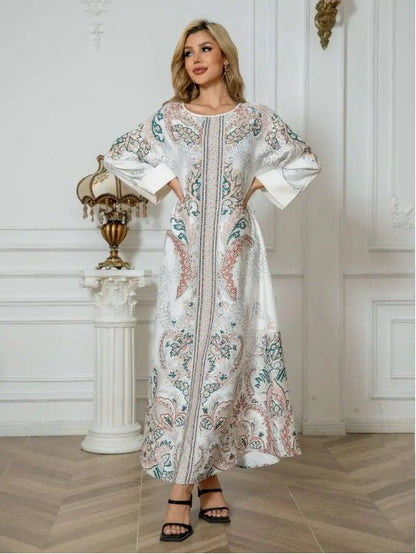 Elegant Floral Print Long Sleeve Abaya Dress - Tech Tready