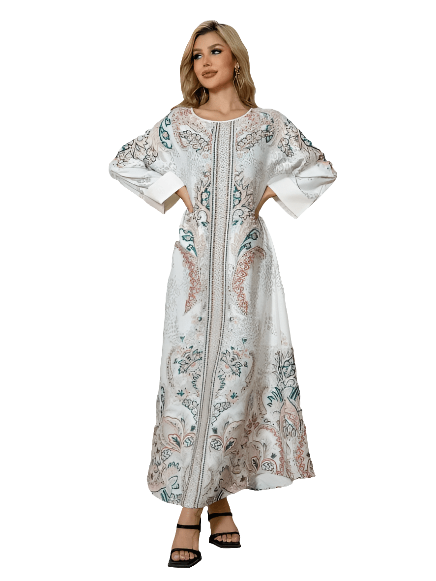 Elegant Floral Print Long Sleeve Abaya Dress - FashionTech