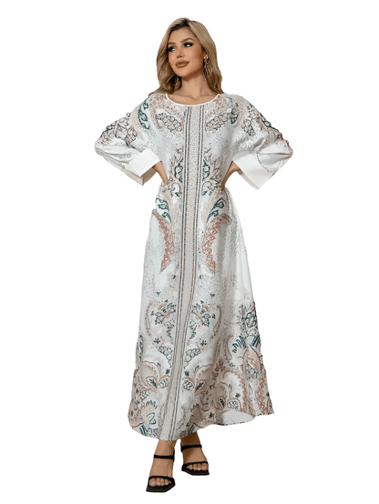 Elegant Floral Print Long Sleeve Abaya Dress - FashionTech