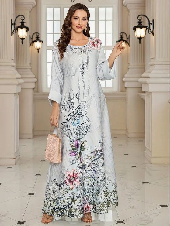 Elegant Floral Print Long Sleeve Abaya Dress - Tech Tready