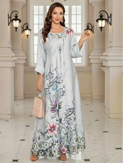 Elegant Floral Print Long Sleeve Abaya Dress - Tech Tready