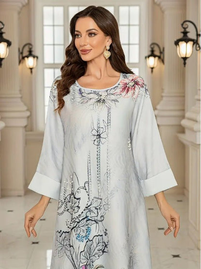 Elegant Floral Print Long Sleeve Abaya Dress - Tech Tready