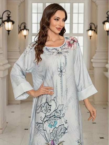 Elegant Floral Print Long Sleeve Abaya Dress - Tech Tready