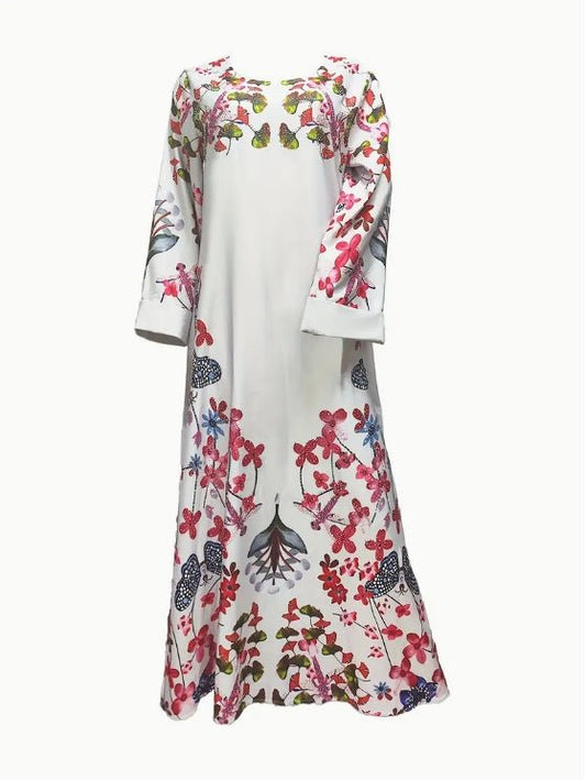 Elegant Floral Print Long Sleeve Abaya Dress - Tech Tready