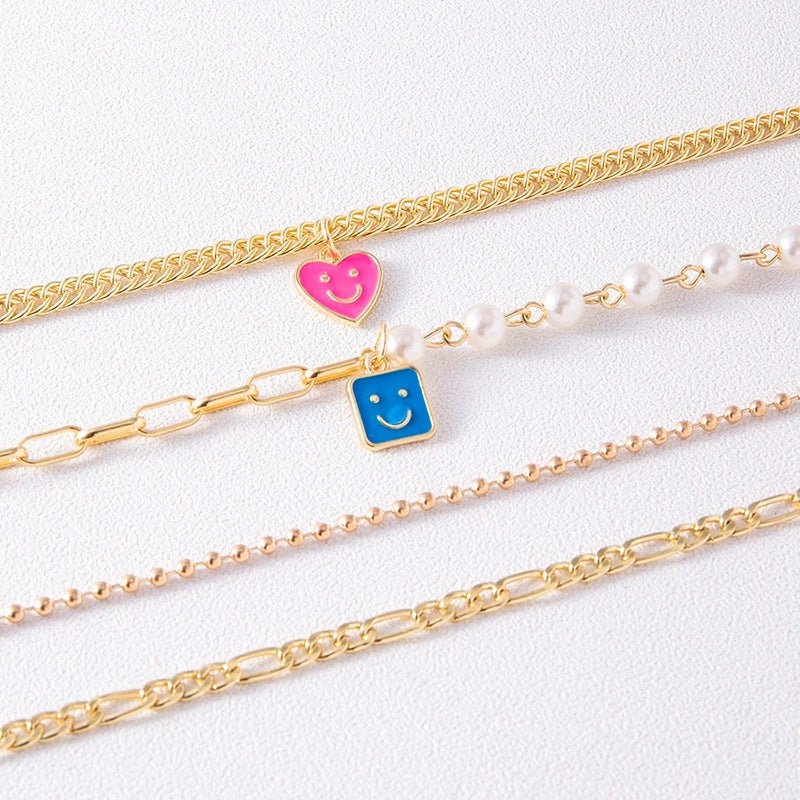 Enamel Smiley Face Charms Pearl Necklace Boho Gold Multi - layer Chunky Chain Statement Necklaces Chokers For Women - FashionTech