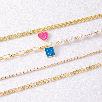 Enamel Smiley Face Charms Pearl Necklace Boho Gold Multi - layer Chunky Chain Statement Necklaces Chokers For Women - FashionTech