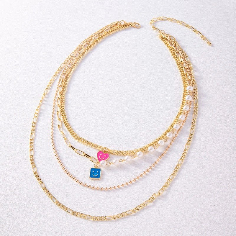 Enamel Smiley Face Charms Pearl Necklace Boho Gold Multi - layer Chunky Chain Statement Necklaces Chokers For Women - FashionTech