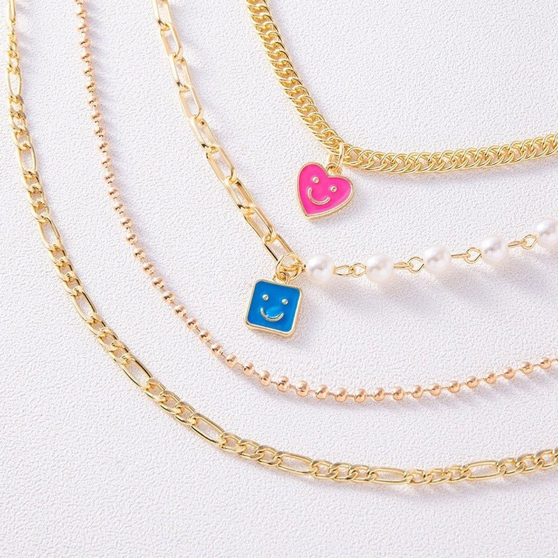 Enamel Smiley Face Charms Pearl Necklace Boho Gold Multi - layer Chunky Chain Statement Necklaces Chokers For Women - FashionTech