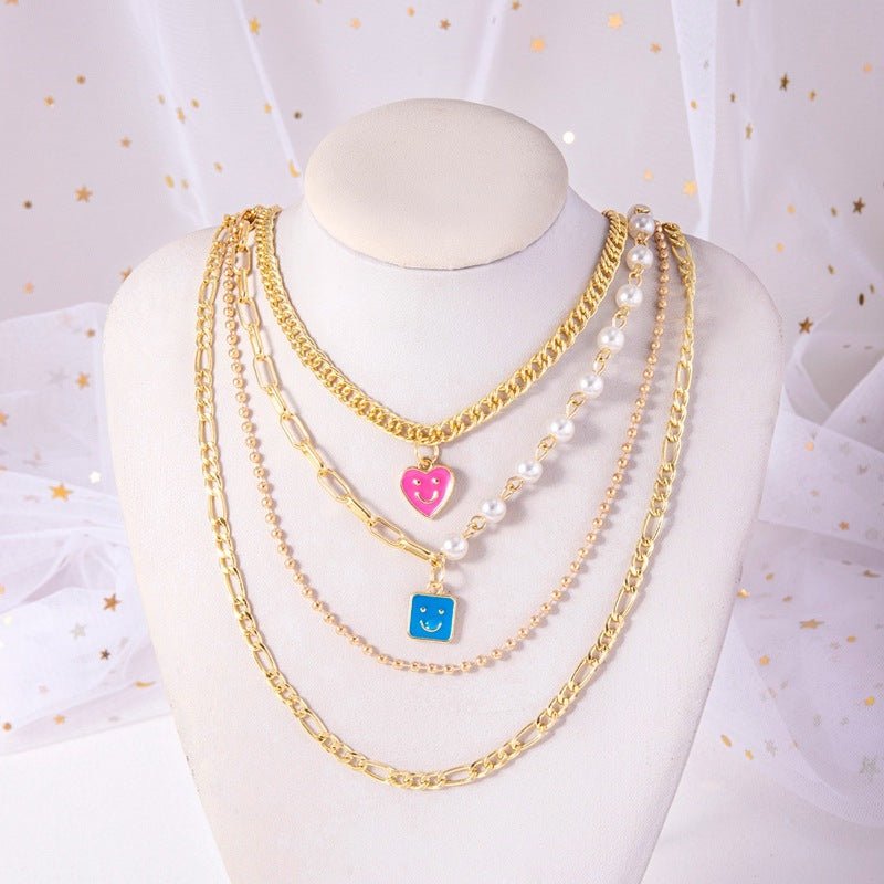 Enamel Smiley Face Charms Pearl Necklace Boho Gold Multi - layer Chunky Chain Statement Necklaces Chokers For Women - FashionTech