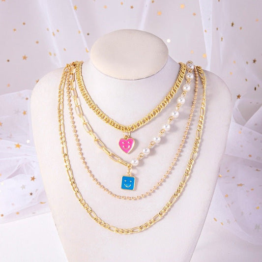 Enamel Smiley Face Charms Pearl Necklace Boho Gold Multi - layer Chunky Chain Statement Necklaces Chokers For Women - FashionTech