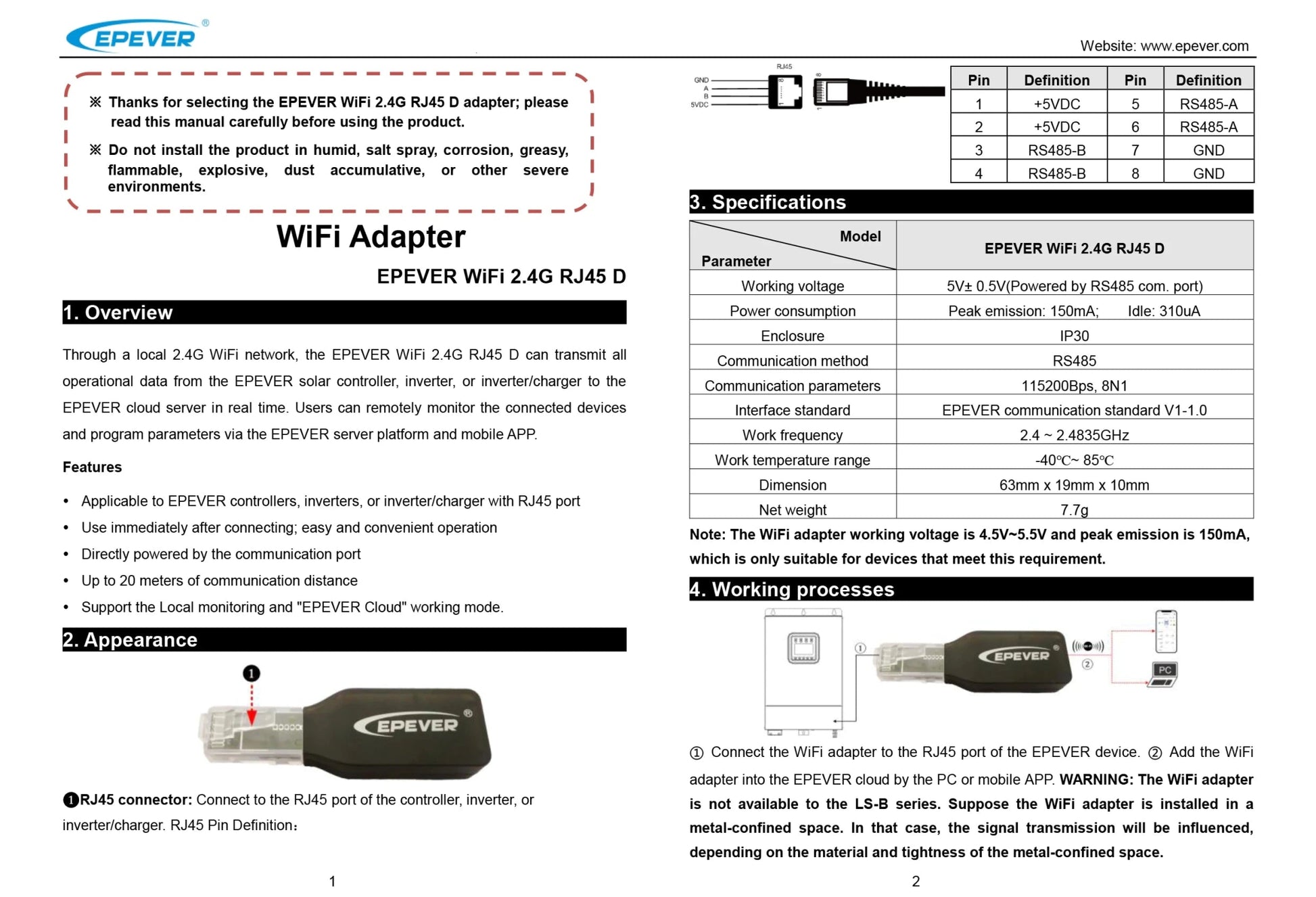 EPEVER WiFi Adapter for MPPT Solar Charge Controller EPEVER WiFi2.4G RJ45 D Communication Monitoring by Mobile Phone App - FashionTech