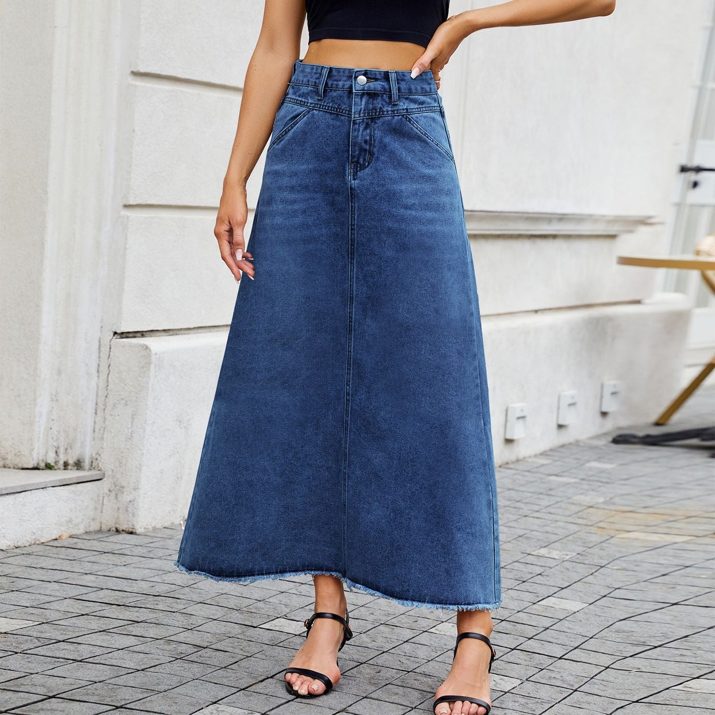 European and American high waisted denim skirt fashionable loose pocket half length skirt for women - Tech Tready
