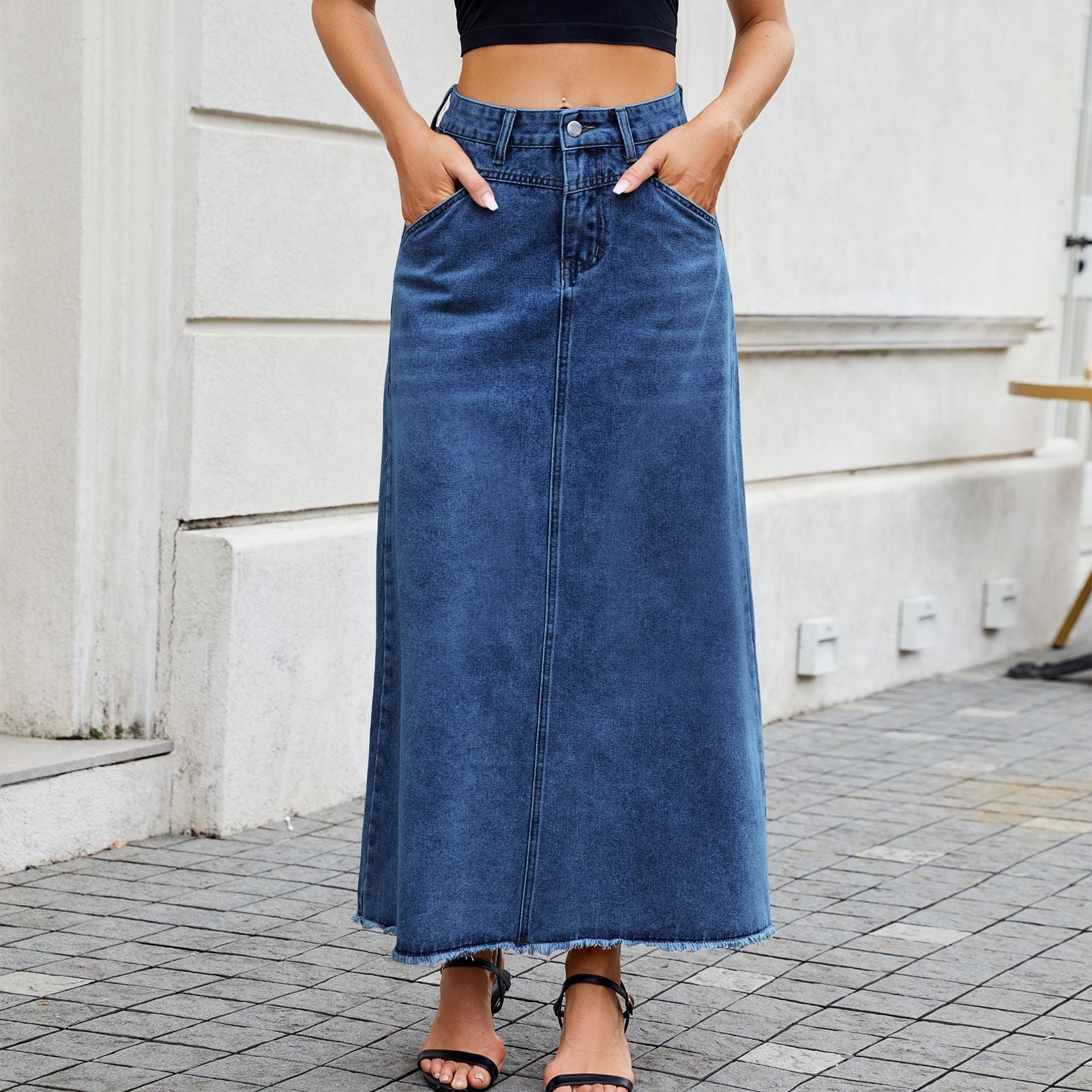 European and American high waisted denim skirt fashionable loose pocket half length skirt for women - Tech Tready