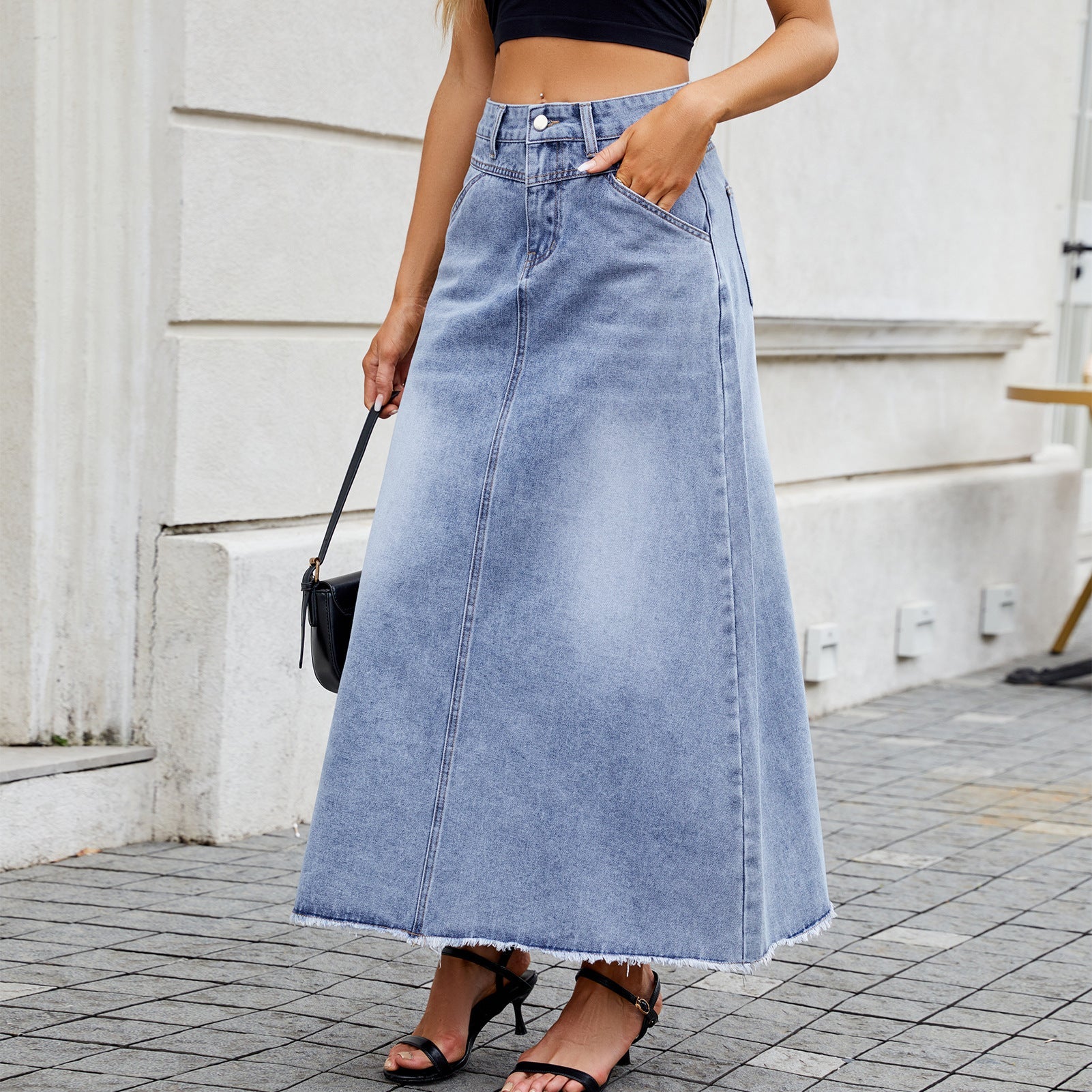 European and American high waisted denim skirt fashionable loose pocket half length skirt for women - Tech Tready