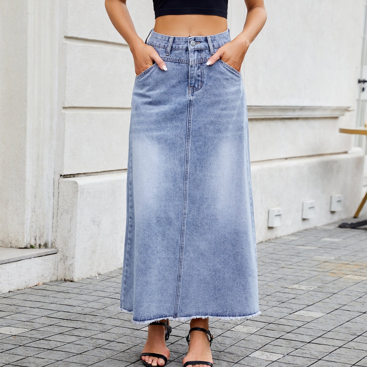 European and American high waisted denim skirt fashionable loose pocket half length skirt for women - Tech Tready