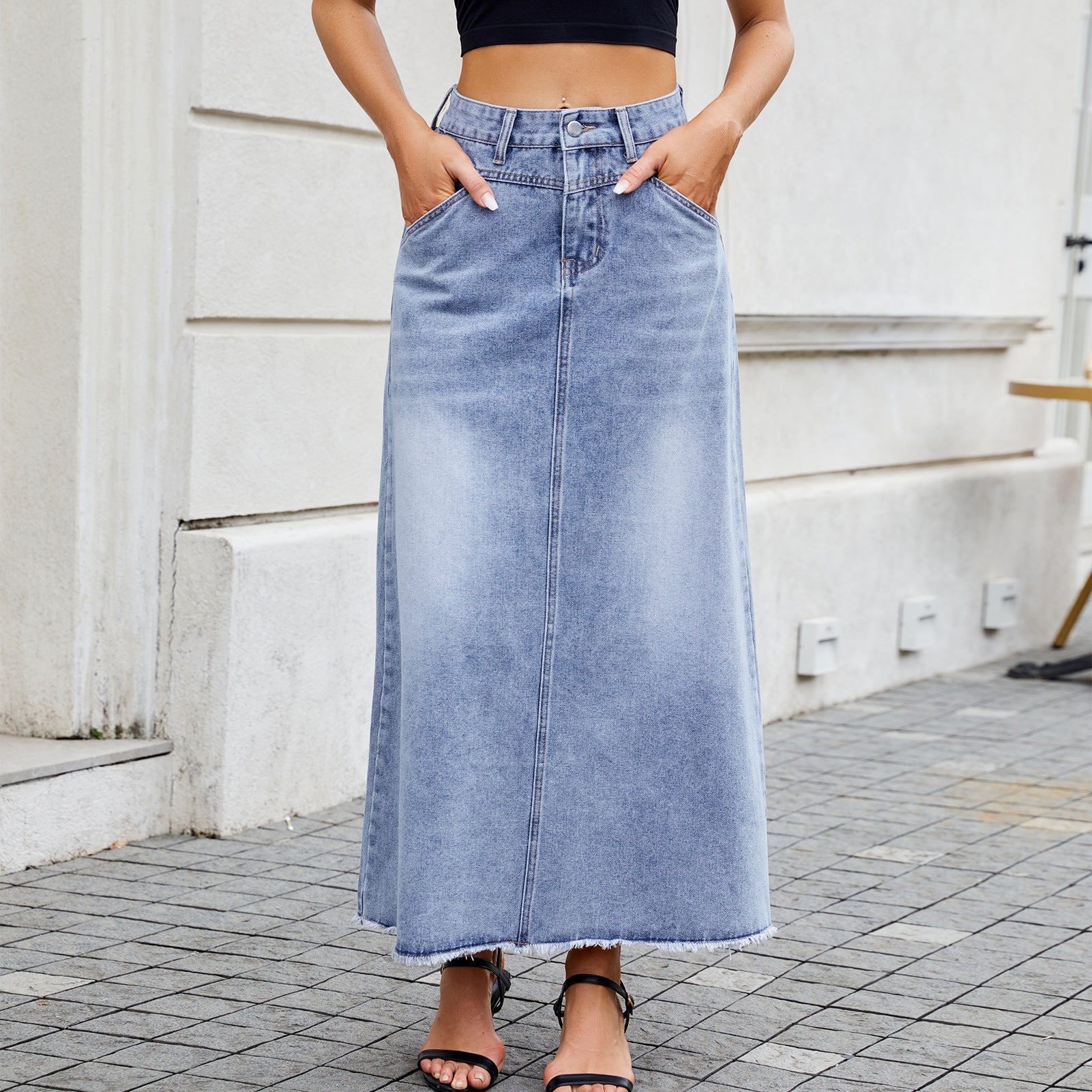 European and American high waisted denim skirt fashionable loose pocket half length skirt for women - Tech Tready
