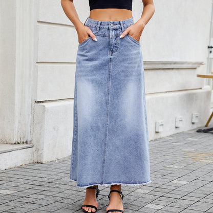 European and American high waisted denim skirt fashionable loose pocket half length skirt for women - Tech Tready