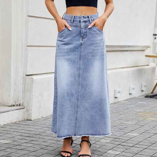 European and American high waisted denim skirt fashionable loose pocket half length skirt for women - Tech Tready