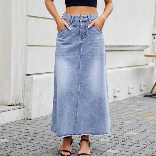 European and American high waisted denim skirt fashionable loose pocket half length skirt for women - Tech Tready