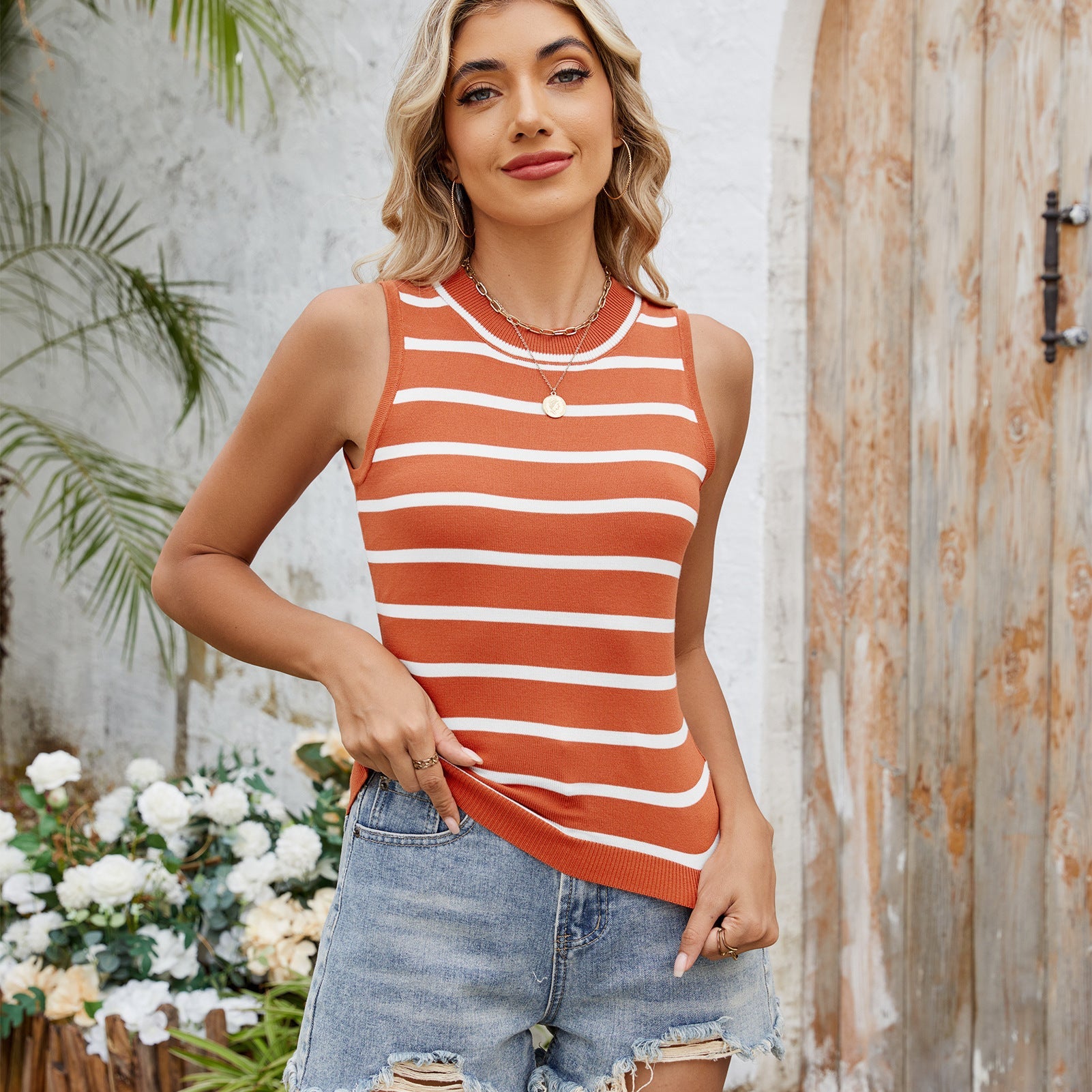 European and American retro striped slim fit vest for women - Tech Tready